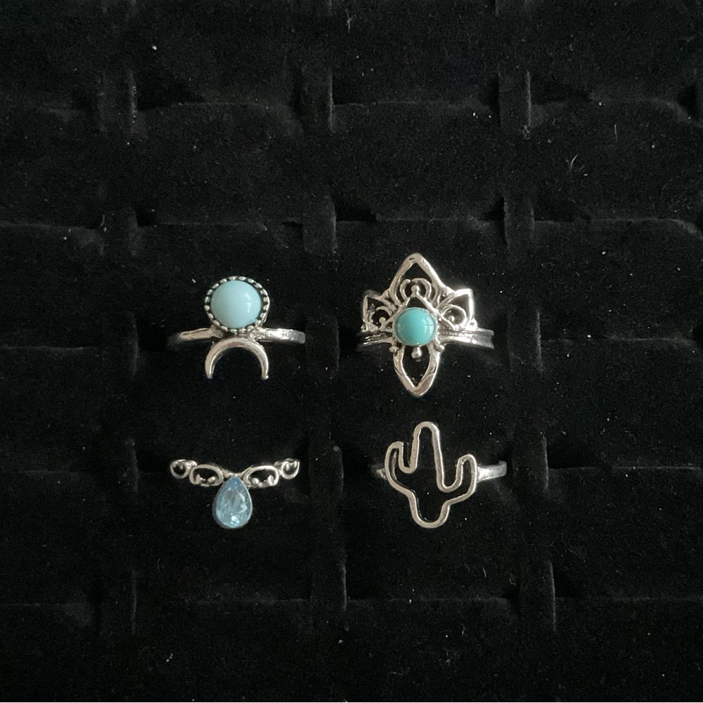 Silver Tone Rings x4 Cactus Cross Synthetic Blue Topaz Turquoise Boho Set Size 4